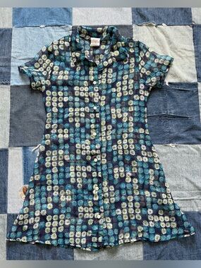 VTG Sheer Floral Spumoni Button Up Dress Collared Green Blue 90s Size L Girls